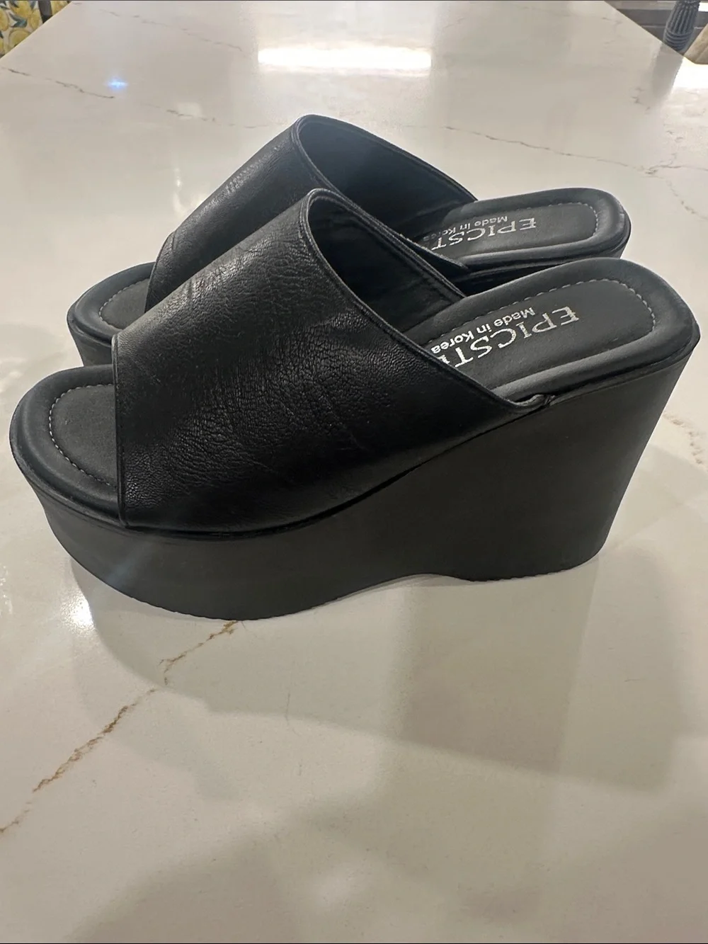 EricsT Black Leather Platform Wedge Slide Sandals